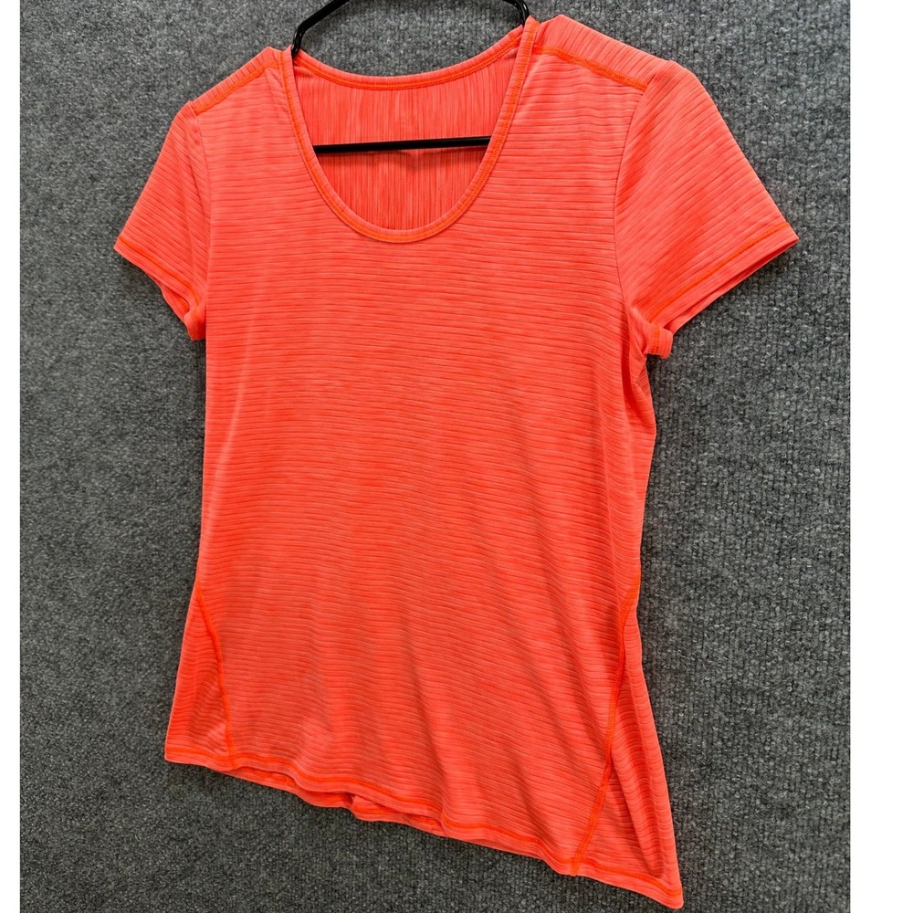 Athleta Womens Neon Coral Orange Ribbed Asymmetrical Hem Short Sleeve Tee Top, S - Picture 2 of 9
